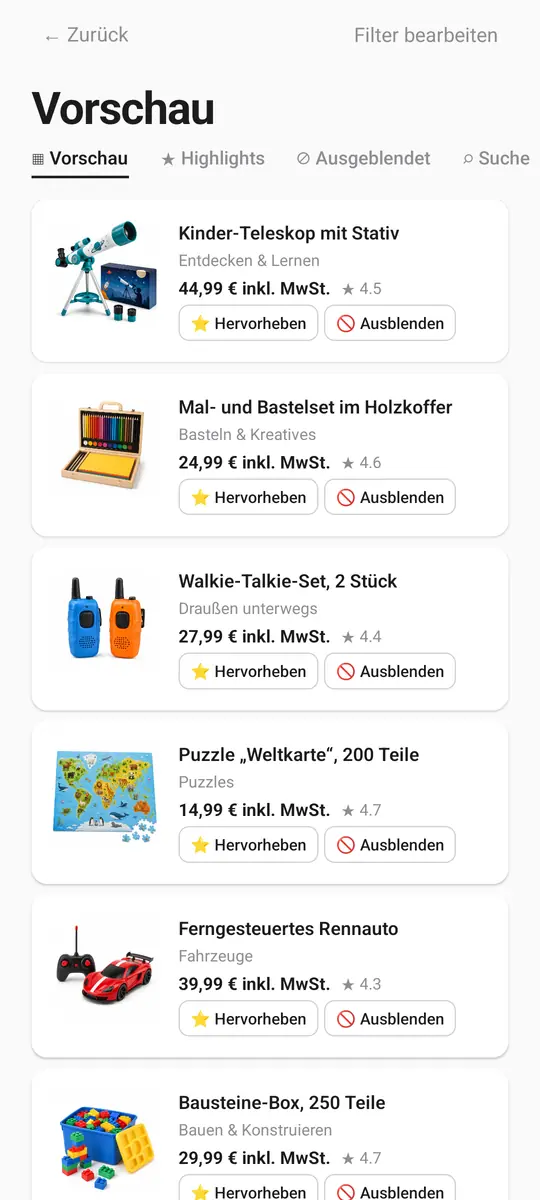 Die Elternvorschau: jedes Spielzeug mit Preis, Kategorie und Bewertung, darunter Schaltflächen zum Hervorheben oder Ausblenden.