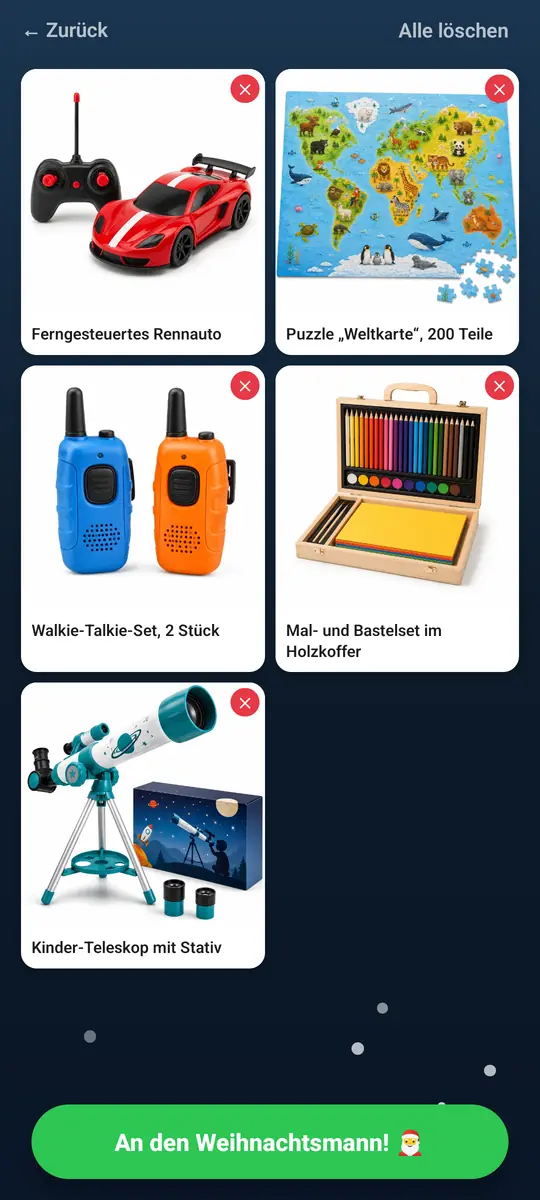Die ausgewählten Geschenke als Kartenraster, jedes einzeln entfernbar, über der Schaltfläche „An den Weihnachtsmann“.