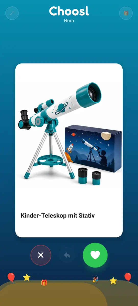 Dieselbe Wischansicht zum Geburtstag: ein türkiser Himmel mit Luftballons, Sternen und Konfetti.