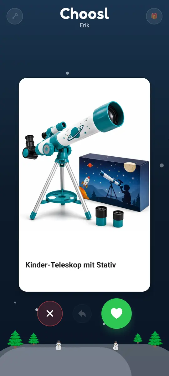 Die Wischansicht des Kindes mit einem Kinder-Teleskop und Schaltflächen zum Überspringen, Zurücknehmen und Auswählen.